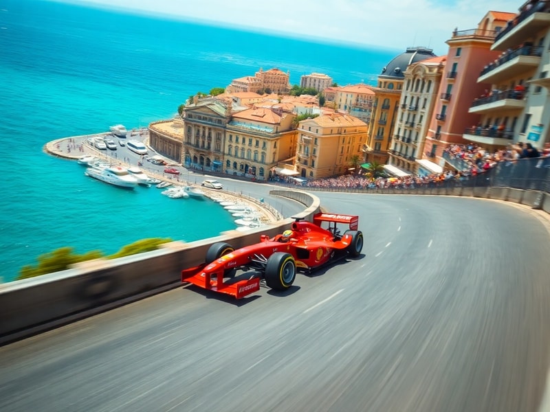 A high-speed shot of an F1 car navigating the tight La Rascasse hairpin at Monaco, with the Monte Carlo skyline and yachts in