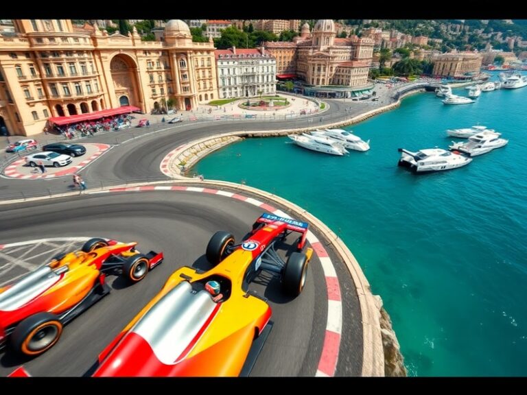 A dynamic aerial shot of Formula 1 cars racing through the tight streets of Monte Carlo, with the iconic Casino de Monte Carl