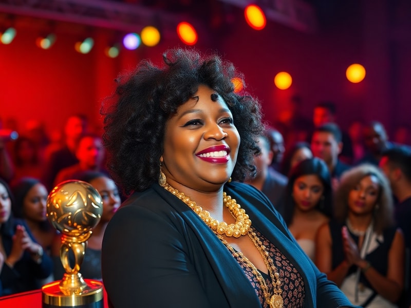A vibrant stage setup at a MOBO Awards ceremony, featuring a diverse lineup of artists performing under colorful lighting, wi