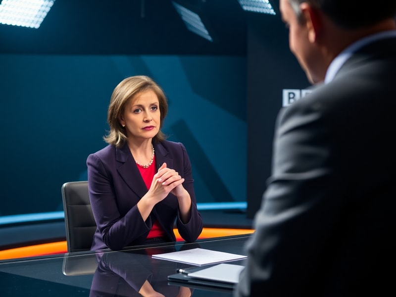 A professional newsroom setting with a blurred figure representing Victoria Derbyshire, surrounded by shadowy silhouettes of