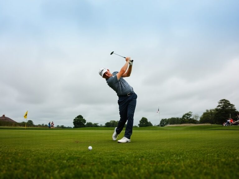 A tense image of Scottie Scheffler mid-swing on the 17th hole at the 2024 Memorial Tournament, with a focused but frustrated