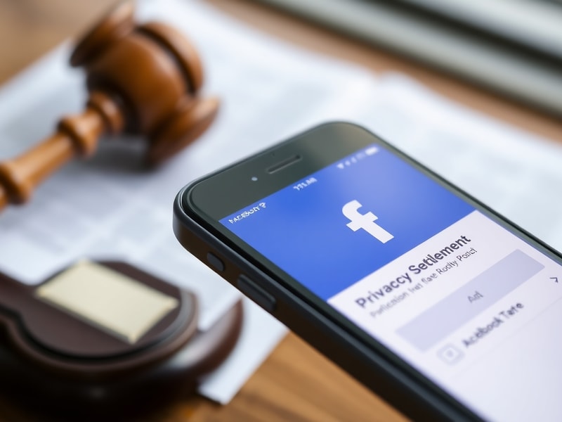 A digital illustration showing a smartphone screen displaying a Facebook login page, with a gavel and legal documents in the