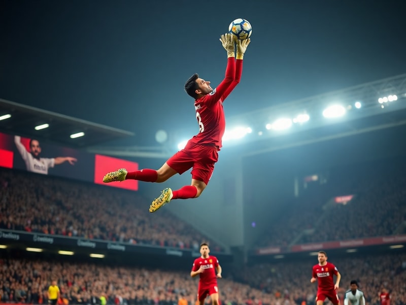A dynamic action shot of Alisson Becker in Liverpool’s red jersey making a save during a Champions League match, with blurred