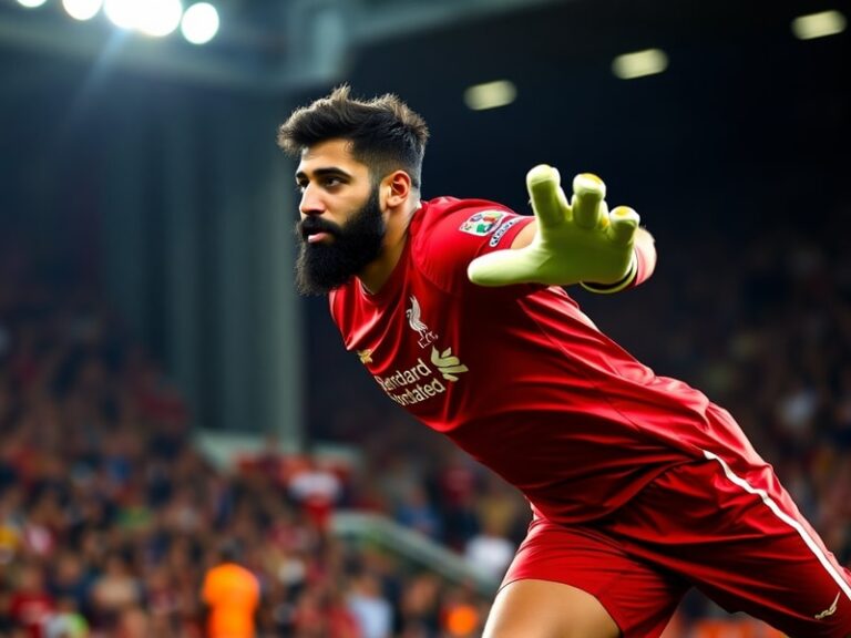 A dynamic action shot of Alisson Becker in full Liverpool FC kit, diving to his right to make a save against the backdrop of