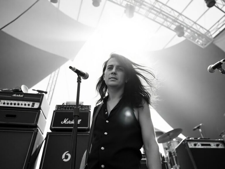 A black-and-white photograph of Indio Solari performing on stage, wearing a hat and sunglasses, with a microphone in hand. Th
