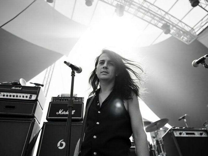 A black-and-white photograph of Indio Solari performing on stage, wearing a hat and sunglasses, with a microphone in hand. Th