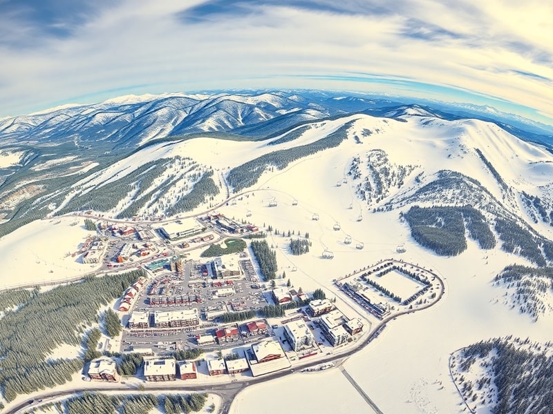 A panoramic view of Vail Mountain Resort in winter, showcasing the ski slopes, luxury lodges, and alpine village under a clea