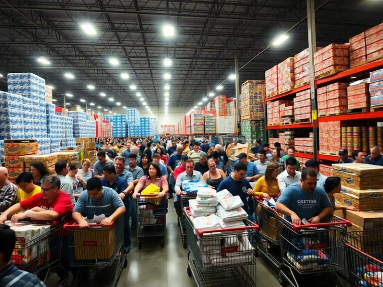 A wide-angle shot of a nearly empty Costco aisle during a panic-buying event, with a few shoppers pushing overflowing carts.