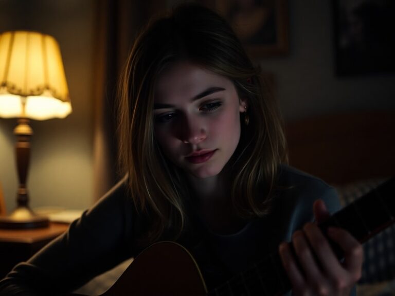 A moody, close-up portrait of Phoebe Bridgers performing on stage with soft lighting, wearing a simple outfit. The background