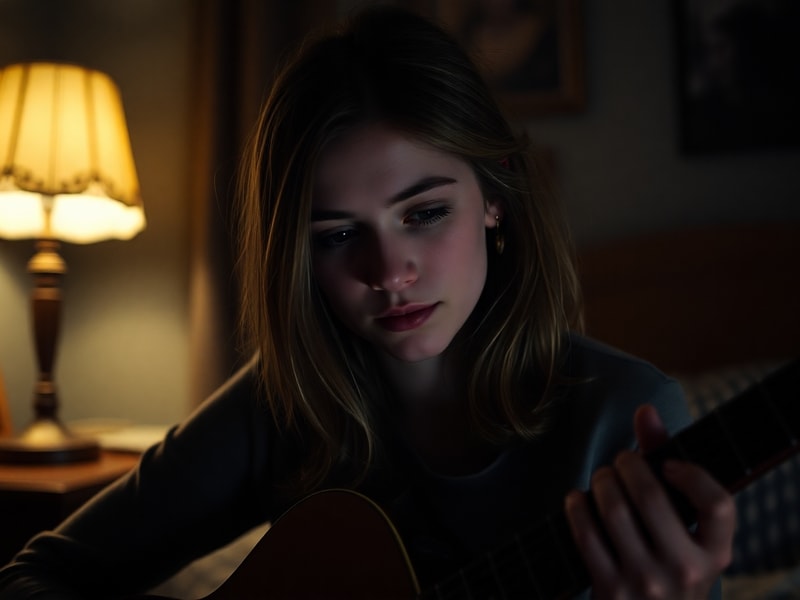 A moody, close-up portrait of Phoebe Bridgers performing on stage with soft lighting, wearing a simple outfit. The background