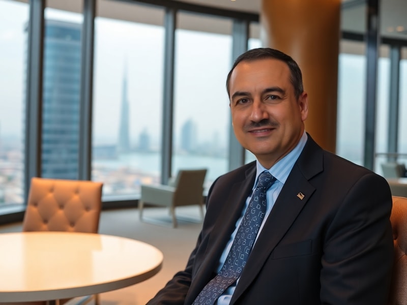A formal portrait of Khaldoon Al Mubarak in a tailored suit, standing in a modern Abu Dhabi office with skyscrapers visible t