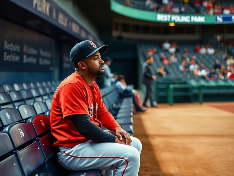 A close-up shot of Brayan Bello in a Red Sox uniform, mid-pitch on the mound, with a focused expression. The background shows