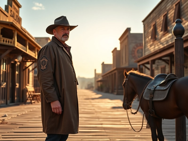 A cinematic shot of a dusty frontier town at dusk, with Kevin Costner in a long coat standing in the foreground. The scene in