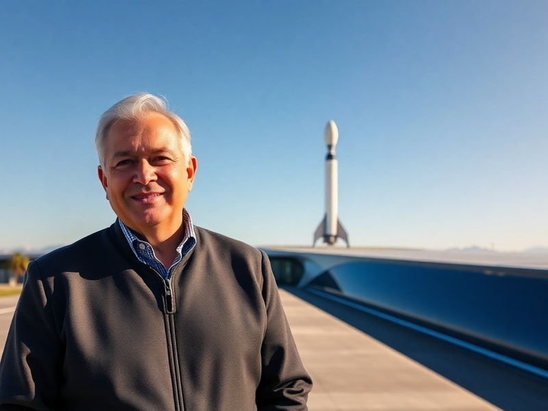 A professional portrait of Antonio Gracias alongside a SpaceX Falcon 9 rocket on the launchpad, with rocket exhaust and a clo