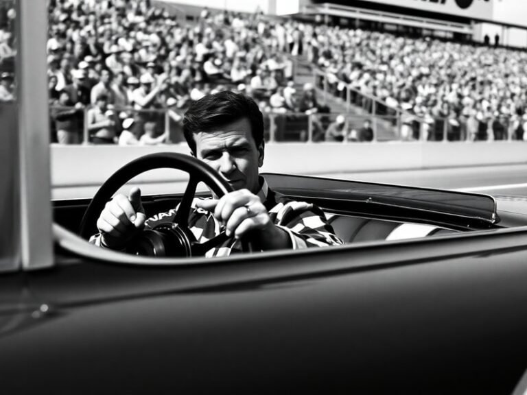 A vintage black-and-white photograph of Ned Jarrett in a racing suit, standing beside his #11 Ford Fairlane at a 1960s NASCAR