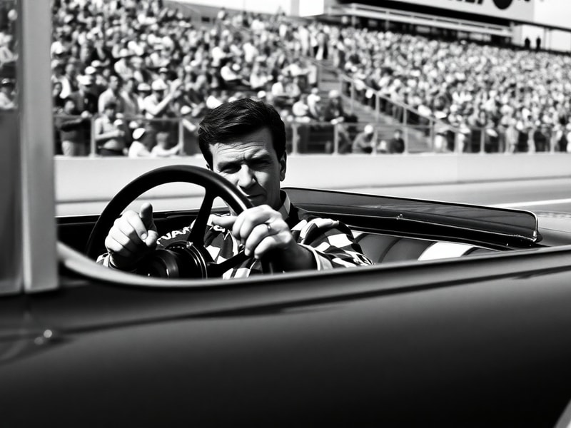 A vintage black-and-white photograph of Ned Jarrett in a racing suit, standing beside his #11 Ford Fairlane at a 1960s NASCAR
