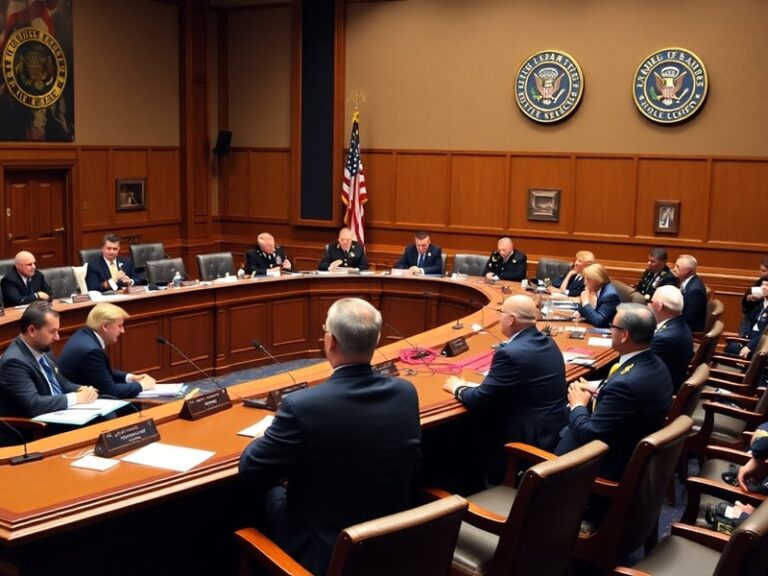 A formal committee hearing room with military leaders and lawmakers seated at a long table, with an American flag in the back