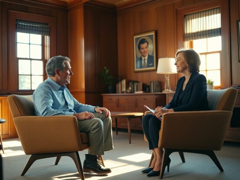 A split-image illustration: on one side, a vintage newsroom with Lesley Stahl conducting an interview; on the other, a modern