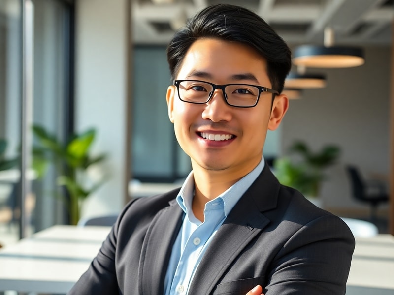 A dynamic shot of Dan Lin on a film set, overseeing production with a confident demeanor. The background features iconic fran