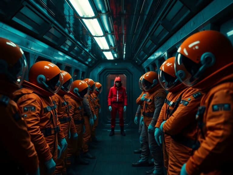 A vibrant animated scene from The Among Us Show featuring colorful crewmates and an imposter in a spaceship corridor, with a