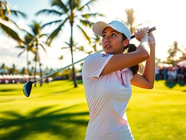 Michelle Wie West mid-swing on a lush green golf course, wearing a white visor and focused expression, with a backdrop of pal