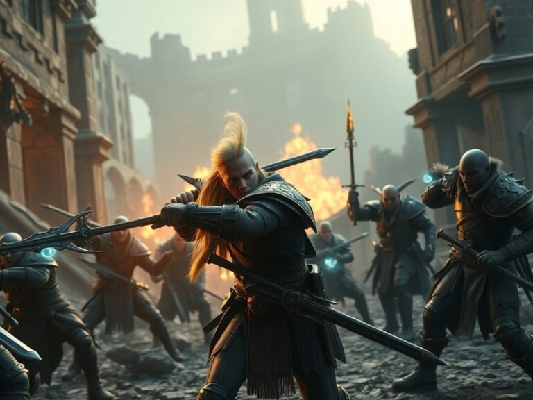 A cinematic fantasy scene featuring a diverse group of heroes standing atop a cliff overlooking a vast, magical world with gl