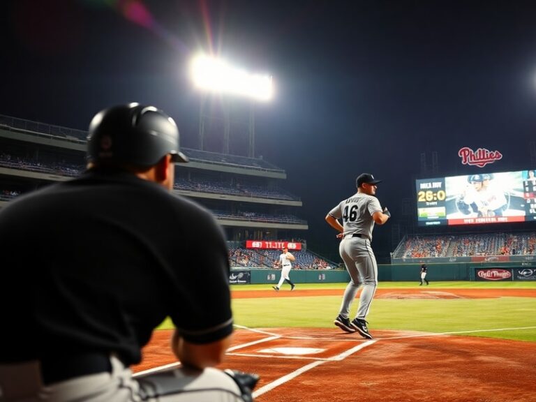 A dynamic shot of a White Sox batter facing a Phillies pitcher during an interleague game at a packed stadium. The scene capt