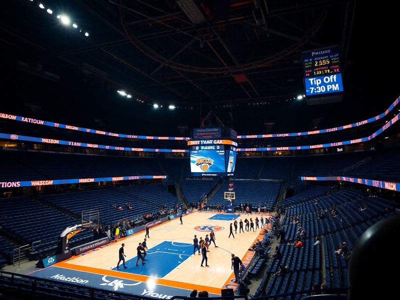 A vibrant scene at Madison Square Garden during a Knicks game, with fans in blue and orange jerseys, the scoreboard visible,