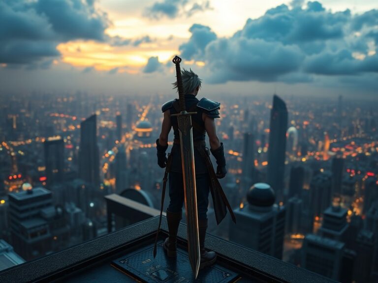A cinematic shot of Cloud Strife and his allies in a lush, open-world environment with dynamic lighting, showcasing the game'