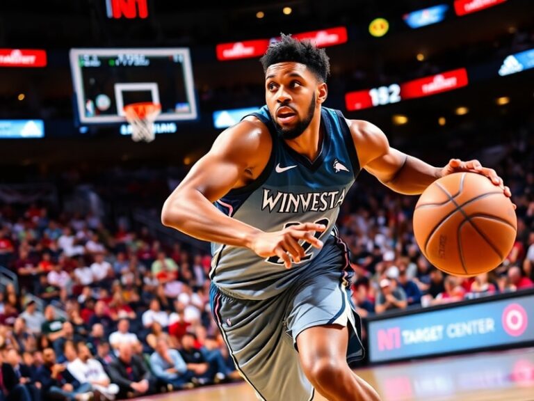 A dynamic action shot of Karl-Anthony Towns in a Timberwolves uniform, mid-jump shot with a focused expression, surrounded by