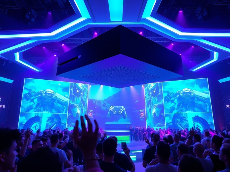 A futuristic gaming setup featuring the next-gen Xbox console with a 4K HDR display, surrounded by high-performance gaming pe