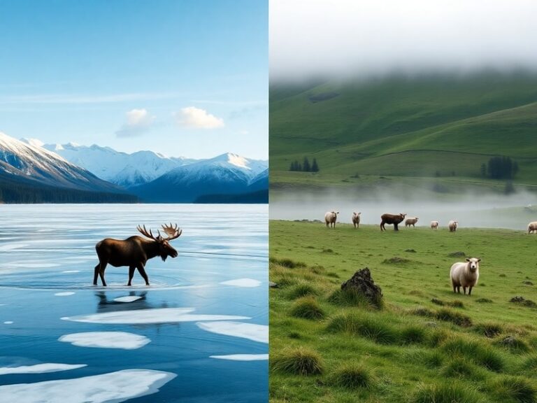 A split-image visual: Left side shows the Canadian Rockies with a lone train on tracks; right side depicts an Irish pub inter