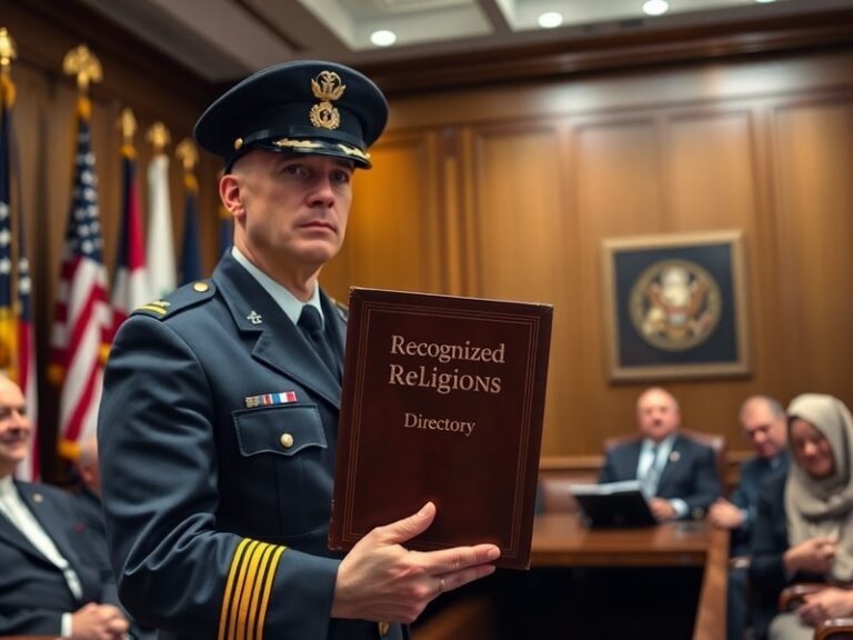 A diverse group of military service members of different faiths gathered in a chapel, with symbols of various religions subtl