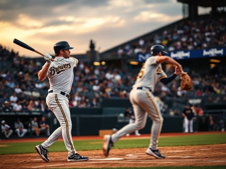 A split-screen image showing Milwaukee Brewers pitcher Corbin Burnes on the mound at American Family Field on the left and Co