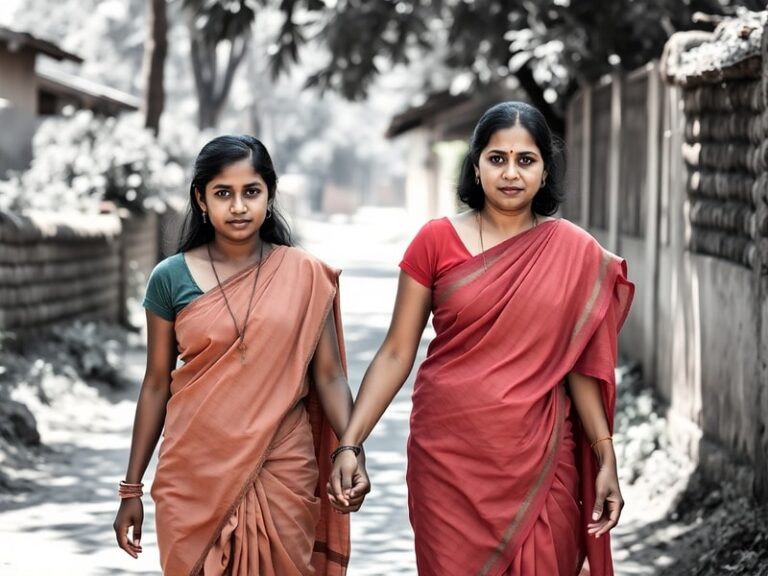 A candid photograph of two South Asian sisters in a cozy home setting, one slightly older than the other, laughing together o