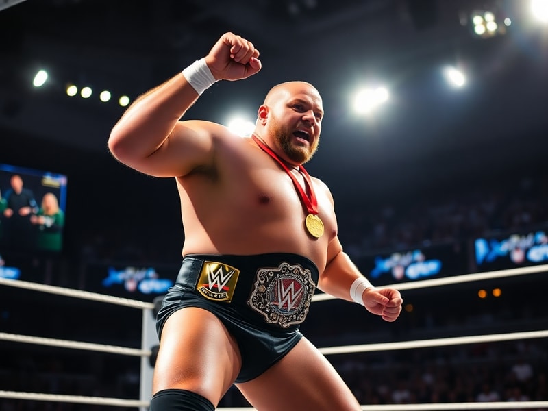 A dynamic action shot of Kurt Angle mid-match in his WWE prime, wearing his signature Olympic gold medal and red, white, and