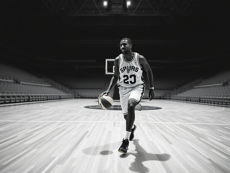 A dynamic action shot of David Robinson in his San Antonio Spurs uniform, mid-game, with a focused expression and arms raised