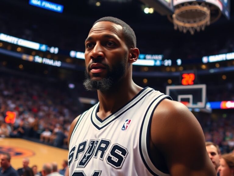 A focused black-and-white action shot of Tim Duncan mid-game, wearing his Spurs jersey, with a determined expression. The bac