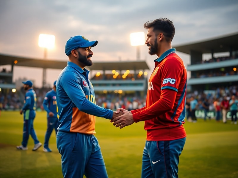 A packed cricket stadium with Indian and Afghan flags waving, players in action under bright lights, capturing the intensity