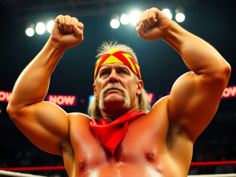 A dynamic action shot of Hulk Hogan in his prime, wearing his iconic red and yellow bandana, flexing his biceps with a determ