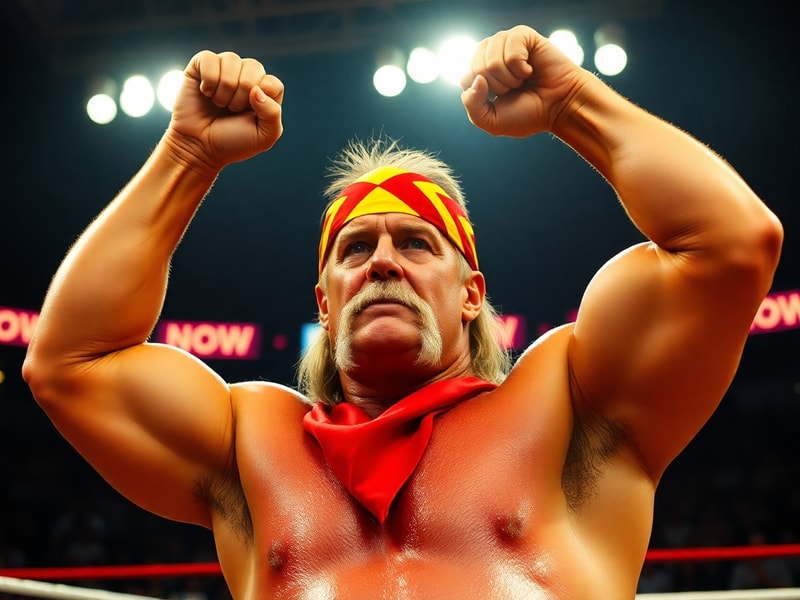 A dynamic action shot of Hulk Hogan in his prime, wearing his iconic red and yellow bandana, flexing his biceps with a determ