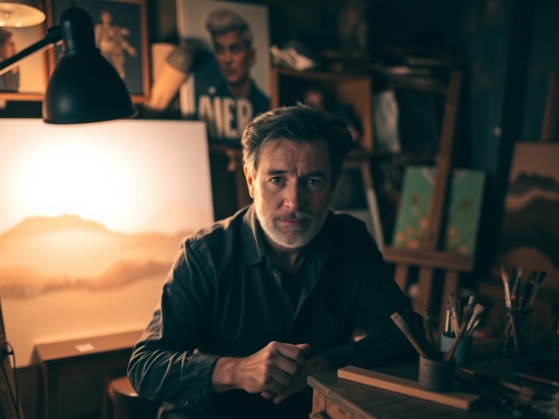 A cinematic portrait of Martin De La Torre standing in front of a vintage movie theater marquee, with soft golden-hour lighti