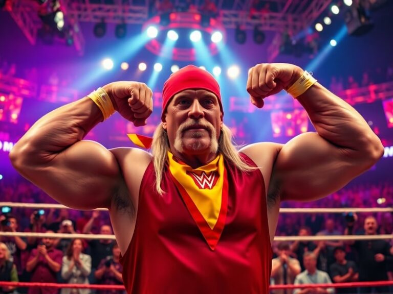 A dynamic action shot of Hulk Hogan mid-match in his iconic yellow and red singlet, raising his fist with a determined expres