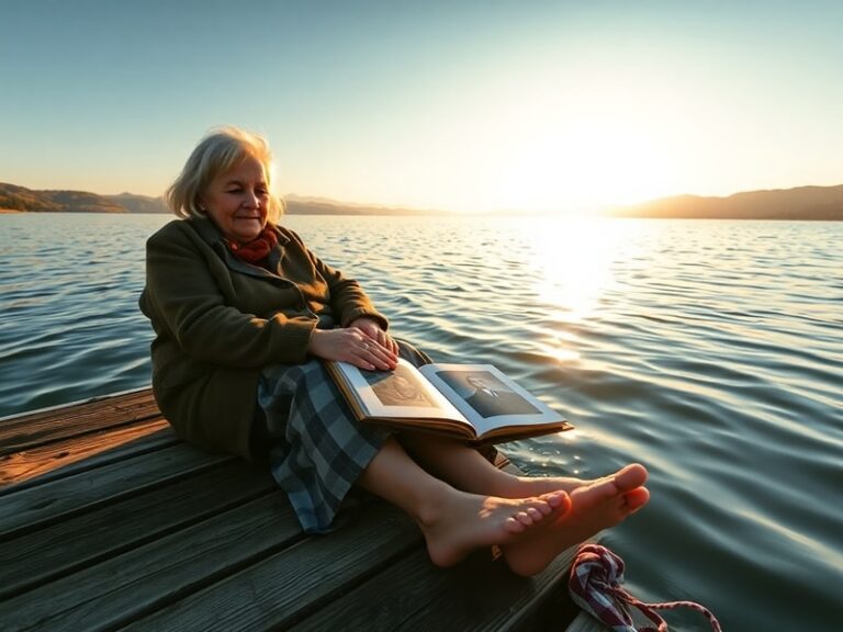 A relaxed older couple sitting on a park bench, smiling while reviewing documents and a tablet, surrounded by autumn leaves a