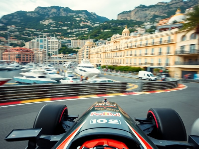 Aerial view of the Monaco Grand Prix circuit during race weekend, showing yachts in the harbor, luxury buildings, and F1 cars
