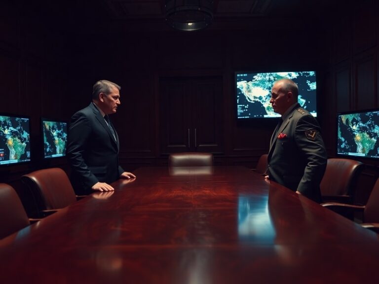 A split image showing US and Israeli intelligence officials in a tense meeting, with digital surveillance screens in the back