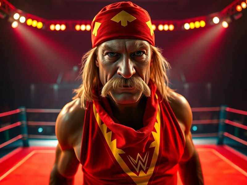 A vibrant action shot of Hulk Hogan in his iconic red-and-yellow bandana, flexing in the ring during the 1980s. The image cap