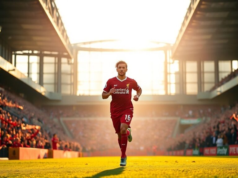 A vibrant Anfield stadium at dusk with the Liverpool FC crest illuminated, surrounded by digital transfer news graphics and s
