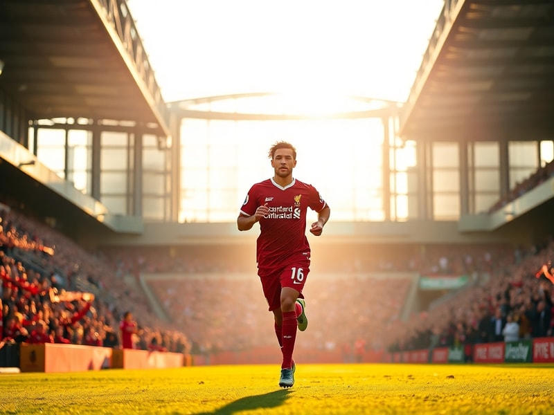 A vibrant Anfield stadium at dusk with the Liverpool FC crest illuminated, surrounded by digital transfer news graphics and s
