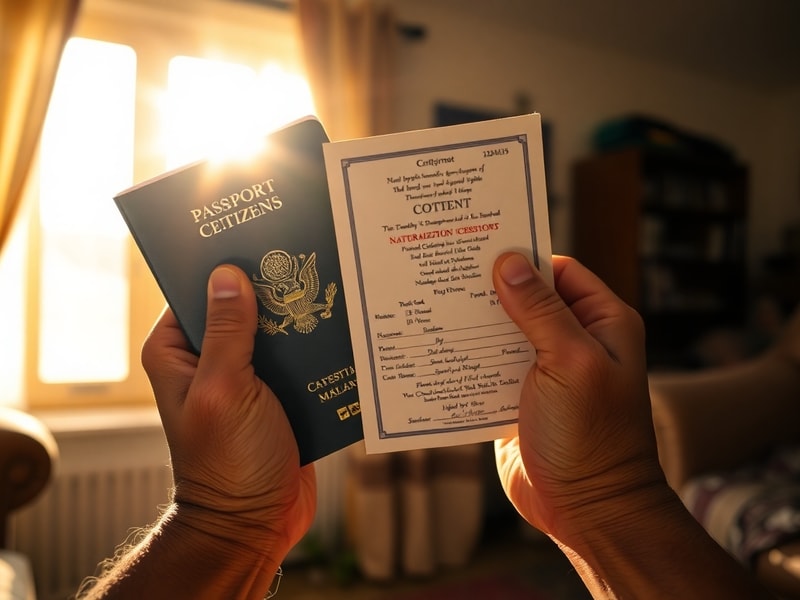 A diverse group of people holding passports and voting ballots in a modern civic center, symbolizing global citizenship and p